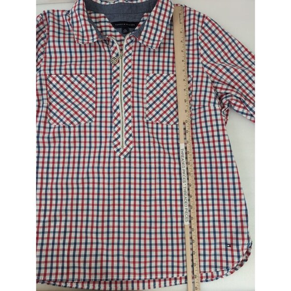 Tommy Hilfiger Popover Shirt Womens XL Red Blue Gingham Plaid Adjustable Sleeve - Picture 9 of 10